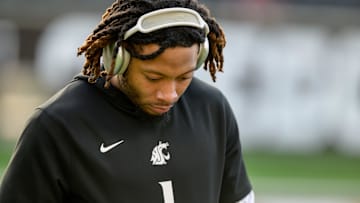 Nov 23, 2024; Corvallis, Oregon, USA; Washington State Cougars wide receiver Kris Hutson (1) on the field before the game against the Oregon State Beavers at Reser Stadium. Mandatory Credit: Craig Strobeck-Imagn Images
