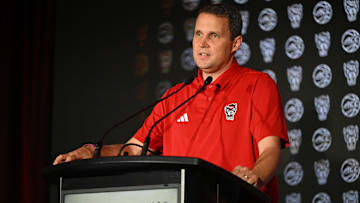 Oct 8, 2025; Charlotte, NC, USA; NC State head coach Will Wade answers questions from the media at The Hilton Charlotte Uptown. Mandatory Credit: William Howard-Imagn Images