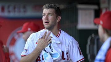 May 29, 2024; Anaheim, California, USA;  Los Angeles Angels starting pitcher Tyler Anderson (31) looks on from the dugout in the game against the New York Yankees at Angel Stadium. Mandatory Credit: Jayne Kamin-Oncea-USA TODAY Sports