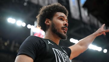 Jan 1, 2025; Toronto, Ontario, CAN;  Brooklyn Nets forward Cam Johnson (2) reacts after scoring a basket and earning a foul call against the Toronto Raptors in the first half at Scotiabank Arena. Mandatory Credit: Dan Hamilton-Imagn Images