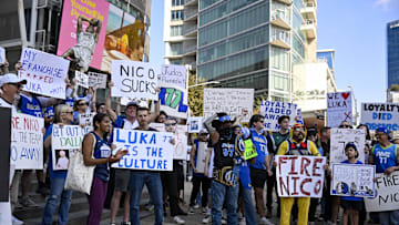 Feb 8, 2025; Dallas, Texas, USA; Dallas Mavericks fans gather outside the arena before the game between the Dallas and the Houston Rockets to protest the Nico Harrison trade of former Mavericks point guard Luka Doncic to the Los Angeles Lakers. Mandatory Credit: Jerome Miron-Imagn Images