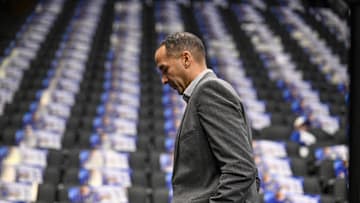 Feb 10, 2025; Mavs GM Nico Harrison makes his rounds of the American Airlines Center prior to Dallas' game versus Sacramento