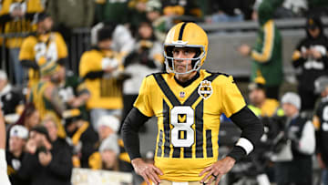 Pittsburgh Steelers quarterback Aaron Rodgers (8) warms up prior to the game against the Green Bay Packers at Acrisure Stadium. Mandatory Credit: Barry Reeger-Imagn Images