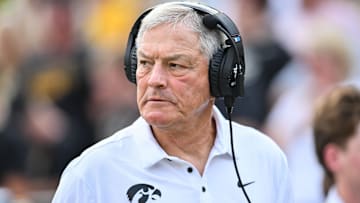 Aug 30, 2025; Iowa City, Iowa, USA; Iowa Hawkeyes head coach Kirk Ferentz looks on before the game against the Albany Great Danes at Kinnick Stadium. Mandatory Credit: Jeffrey Becker-Imagn Images