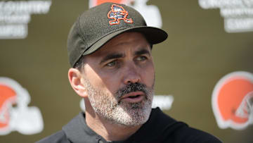 May 9, 2025; Berea, OH, USA; Cleveland Browns head coach Kevin Stefanski talks to the media during rookie minicamp at CrossCountry Mortgage Campus. Mandatory Credit: Ken Blaze-Imagn Images