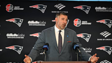 Jan 13, 2025; Foxborough, MA, USA; Mike Vrabel addresses media at a press conference to announce his hiring as the head coach of the New England Patriots at Gillette Stadium. Mandatory Credit: Eric Canha-Imagn Images