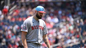 Jul 4, 2025; Washington, District of Columbia, USA; Boston Red Sox starting pitcher Lucas Giolito (54) walks back the the dugout after being relieved against the Washington Nationals during the eighth inning at Nationals Park. Mandatory Credit: Rafael Suanes-Imagn Images