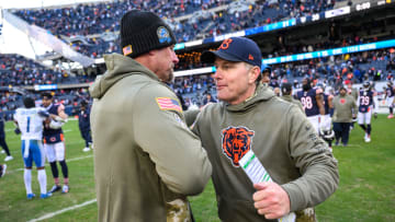 Nov 13, 2022; Chicago, Illinois, USA; Detroit Lions head coach Dan Campbell and Chicago Bears head coach Matt Eberflus shake hands after the game at Soldier Field. Mandatory Credit: Daniel Bartel-USA TODAY Sports