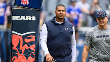 Aug 26, 2023; Chicago, Illinois, USA; Chicago Bears general manager Ryan Poles looks on before a game against the Buffalo Bills at Soldier Field. Mandatory Credit: Daniel Bartel-Imagn Images