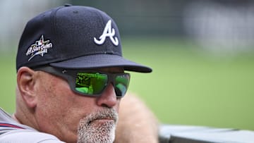 Jul 13, 2025; St. Louis, Missouri, USA;  Atlanta Braves manager Brian Snitker (43) looks on during the second inning against the St. Louis Cardinals at Busch Stadium. Mandatory Credit: Jeff Curry-Imagn Images