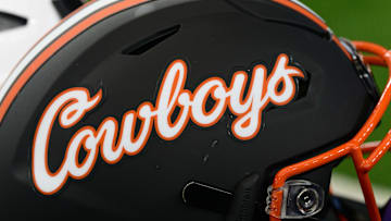 Jul 14, 2022; Arlington, TX, USA; A view of the Oklahoma State Cowboys helmet logo during the Big 12 Media Day at AT&T Stadium. Mandatory Credit: Jerome Miron-Imagn Images