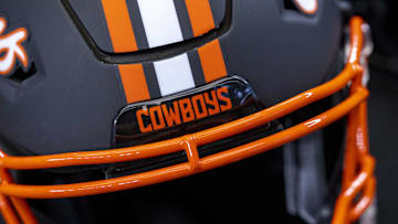 Jul 13, 2022; Arlington, TX, USA; A view of the team logo on the helmet of the Oklahoma State Cowboys during the Big 12 Media Day at AT&T Stadium. Mandatory Credit: Jerome Miron-Imagn Images