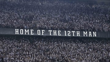 Sep 17, 2022; College Station, Texas, USA; A view of the stands and the fans and the 12th Man logo during the game between the Texas A&M Aggies and the Miami Hurricanes at Kyle Field. Mandatory Credit: Jerome Miron-USA TODAY Sports