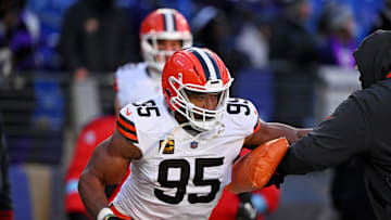 Jan 4, 2025; Baltimore, Maryland, USA; Cleveland Browns defensive end Myles Garrett (95) warms up before the game against Baltimore Ravens at M&T Bank Stadium. Mandatory Credit: Tommy Gilligan-Imagn Images