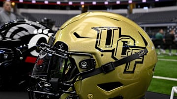 Jul 12, 2023; Arlington, TX, USA; A view of the UCF Knights helmet and logo during Big 12 football media day at AT&T Stadium. Mandatory Credit: Jerome Miron-Imagn Images