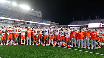 Oct 11, 2025; Chestnut Hill, Massachusetts, USA; The Clemson Tigers salute fans after defeating the Boston College Eagles at Alumni Stadium. Mandatory Credit: Eric Canha-Imagn Images