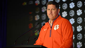 Oct 8, 2025; Charlotte, NC, USA; Clemson head coach Brad Brownell answers questions from the media at The Hilton Charlotte Uptown. Mandatory Credit: William Howard-Imagn Images