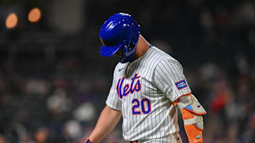 Apr 1, 2024; New York City, New York, USA; New York Mets first baseman Pete Alonso (20) reacts after