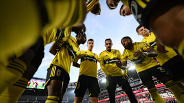 Nov 3, 2024; Harrison, New Jersey, USA; The Columbus Crew starting 11 huddle prior to a match against the New York Red Bulls in a 2024 MLS Cup Playoffs Round One matchat Red Bull Arena. Mandatory Credit: Mark Smith-Imagn Images