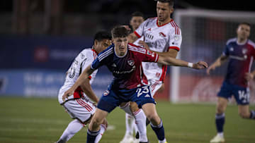 San Jose Earthquakes midfielder Michael Baldisimo (55), midfielder Alfredo Morales (6) and FC Dallas forward Logan Farrington (23)  