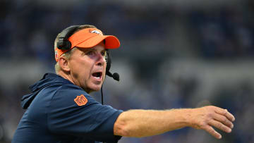 Aug 11, 2024; Indianapolis, Indiana, USA;  Denver Broncos Head Coach Sean Payton throws a challenge flag during the second half against the Indianapolis Colts at Lucas Oil Stadium. Mandatory Credit: Marc Lebryk-USA TODAY Sports