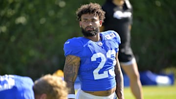 Jul 29, 2024; Los Angeles, CA, USA; Los Angeles Rams running back Kyren Williams (23) looks on during training camp at Loyola Marymount University. Mandatory Credit: Jayne Kamin-Oncea-USA TODAY Sports