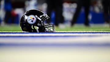 Sep 29, 2024; Indianapolis, Indiana, USA; A Pittsburgh Steelers helmet sits in the end zone before the game against the Indianapolis Colts at Lucas Oil Stadium. Mandatory Credit: Marc Lebryk-Imagn Images