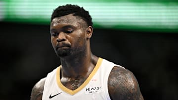 Nov 21, 2025; Dallas, Texas, USA; New Orleans Pelicans forward Zion Williamson (1) looks on during the second half against the Dallas Mavericks at the American Airlines Center. Mandatory Credit: Jerome Miron-Imagn Images