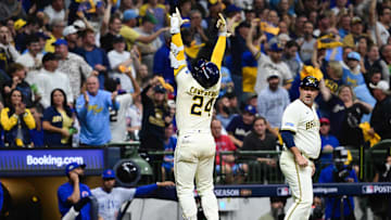 Oct 6, 2025; Milwaukee, Wisconsin, USA; Milwaukee Brewers catcher William Contreras (24) celebrates after hitting a solo home run during the third inning against the Chicago Cubs during game two of the NLDS round for the 2025 MLB playoffs at American Family Field. Mandatory Credit: Benny Sieu-Imagn Images