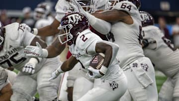 Sep 30, 2023; Arlington, Texas, USA; Texas A&M Aggies running back Rueben Owens (2) In action during the game between the Texas A&M Aggies and the Arkansas Razorbacks at AT&T Stadium. Mandatory Credit: Jerome Miron-Imagn Images