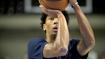 Oct 8, 2024; Oceanside, California, USA;  Los Angeles Clippers guard Cam Christie (12) warms up prior to the preseason game against the Brooklyn Nets at Frontwave Arena. Mandatory Credit: Jayne Kamin-Oncea-Imagn Images