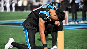 Nov 9, 2025; Charlotte, North Carolina, USA; Carolina Panthers quarterback Bryce Young (9) reflects before the game at Bank of America Stadium. Mandatory Credit: Bob Donnan-Imagn Images