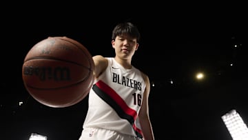 Sep 29, 2025; Portland, OR, USA; Portland Trail Blazers center Yang Hansen (16) during media day at the Moda Center. Mandatory Credit: Troy Wayrynen-Imagn Images