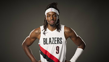 Sep 29, 2025; Portland, OR, USA; Portland Trail Blazers forward Jerami Grant (9) during media day at the Moda Center. Mandatory Credit: Troy Wayrynen-Imagn Images