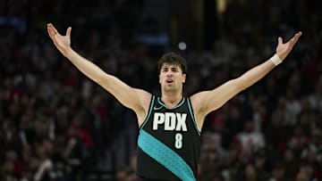 Nov 30, 2025; Portland, Oregon, USA; Portland Trail Blazers forward Deni Avdija (8) reacts toward an official during the second half in a game against the Oklahoma City Thunder at Moda Center. Mandatory Credit: Troy Wayrynen-Imagn Images