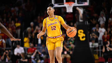 Mar 24, 2025; Los Angeles, California, USA; USC Trojans guard JuJu Watkins (12) during an NCAA Tournament second round game against the Mississippi State Bulldogs at Galen Center. Mandatory Credit: Robert Hanashiro-Imagn Images