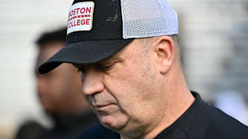 Nov 8, 2025; Chestnut Hill, Massachusetts, USA; Boston College Eagles head coach Bill O'Brien walks on to the field for warms up before a game against the Southern Methodist University Mustangs at Alumni Stadium. Mandatory Credit: Eric Canha-Imagn Images