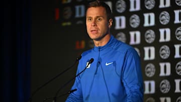 Oct 8, 2025; Charlotte, NC, USA; Duke head coach Jon Scheyer answers questions from the media at The Hilton Charlotte Uptown. Mandatory Credit: William Howard-Imagn Images
