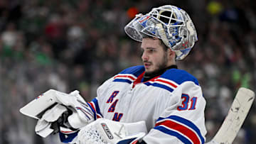 Dec 20, 2024; Dallas, Texas, USA; New York Rangers goaltender Igor Shesterkin (31) skates back to the crease during the second period against the Dallas Stars at the American Airlines Center. Mandatory Credit: Jerome Miron-Imagn Images