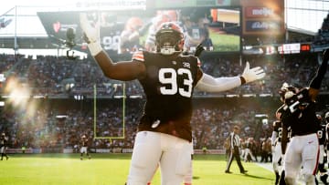 Nov 5, 2023; Cleveland, Ohio, USA; Cleveland Browns defensive tackle Shelby Harris (93) celebrates after A strip sack of Arizona Cardinals quarterback Clayton Tune (not pictured) during the second half at Cleveland Browns Stadium. Mandatory Credit: Ken Blaze-USA TODAY Sports