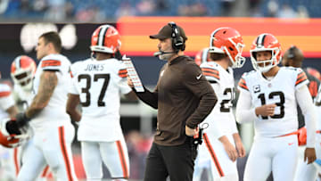 Oct 26, 2025; Foxborough, Massachusetts, USA;  Cleveland Browns head coach Kevin Stefanski looks on during the fourth quarter against the New England Patriots at Gillette Stadium. Mandatory Credit: Brian Fluharty-Imagn Images