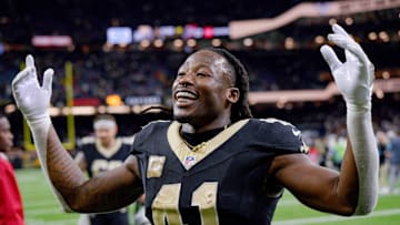 Nov 10, 2024; New Orleans, Louisiana, USA; New Orleans Saints running back Alvin Kamara (41) leaves the field after the Saints defeated the Atlanta Falcons at Caesars Superdome. Mandatory Credit: Matthew Hinton-Imagn Images