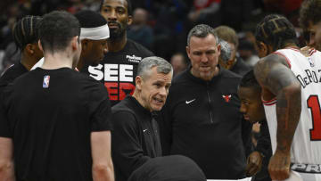 Mar 14, 2024; Chicago, Illinois, USA;  Chicago Bulls head coach Billy Donovan talks with the team before the first half against the LA Clippers at the United Center. Mandatory Credit: Matt Marton-USA TODAY Sports