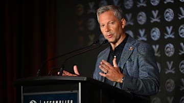Oct 8, 2025; Charlotte, NC, USA; Virginia head coach Ryan Odom answers questions from the media at The Hilton Charlotte Uptown. Mandatory Credit: William Howard-Imagn Images