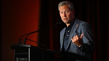 Oct 8, 2025; Charlotte, NC, USA; Virginia head coach Ryan Odom answers questions from the media at The Hilton Charlotte Uptown. Mandatory Credit: William Howard-Imagn Images