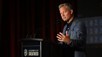 Oct 8, 2025; Charlotte, NC, USA; Virginia head coach Ryan Odom answers questions from the media at The Hilton Charlotte Uptown. Mandatory Credit: William Howard-Imagn Images