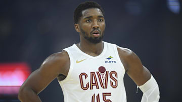 Oct 14, 2025; Cleveland, Ohio, USA; Cleveland Cavaliers guard Donovan Mitchell (45) stands on the court in the first quarter against the Detroit Pistons at Rocket Arena. Mandatory Credit: David Richard-Imagn Images
