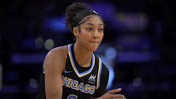 Jun 29, 2025; Los Angeles, California, USA; Chicago Sky forward Angel Reese (5) handles the ball in the second half against the Los Angeles Sparks at Crypto.com Arena. 
