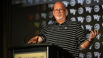 Oct 8, 2025; Charlotte, NC, USA; Wake Forest head coach Steve Forbes answers questions from the media at The Hilton Charlotte Uptown. Mandatory Credit: William Howard-Imagn Images