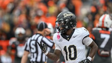 Oct 11, 2025; Corvallis, Oregon, USA; Wake Forest Demon Deacons wide receiver Chris Barnes (10) celebrates after a touchdown catch against the Oregon State Beavers during the second quarter at Reser Stadium. Mandatory Credit: Craig Strobeck-Imagn Images
